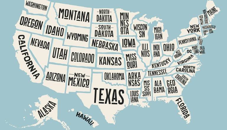 Map of America with states' full names labelled